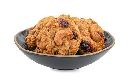 Photo of Delicious oatmeal cookies with dried cranberries and nuts in bowl isolated on white