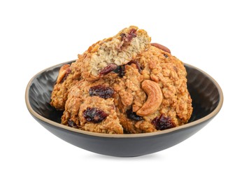 Photo of Delicious oatmeal cookies with dried cranberries and nuts in bowl isolated on white