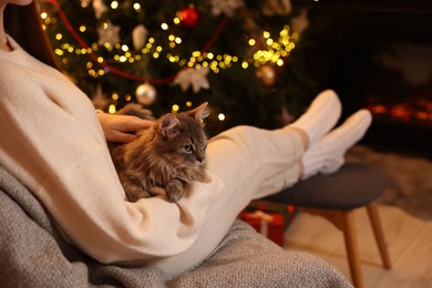 Woman with cute cat in room decorated for Christmas, closeup