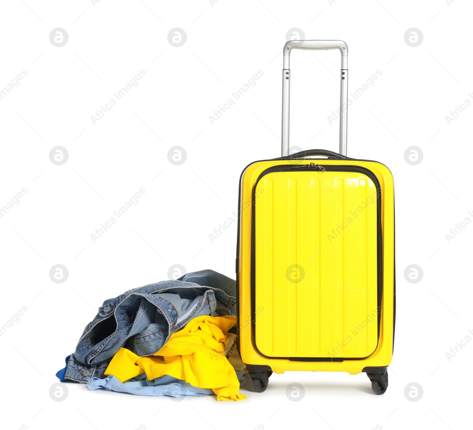 Photo of Suitcase and messy pile of clothes isolated on white