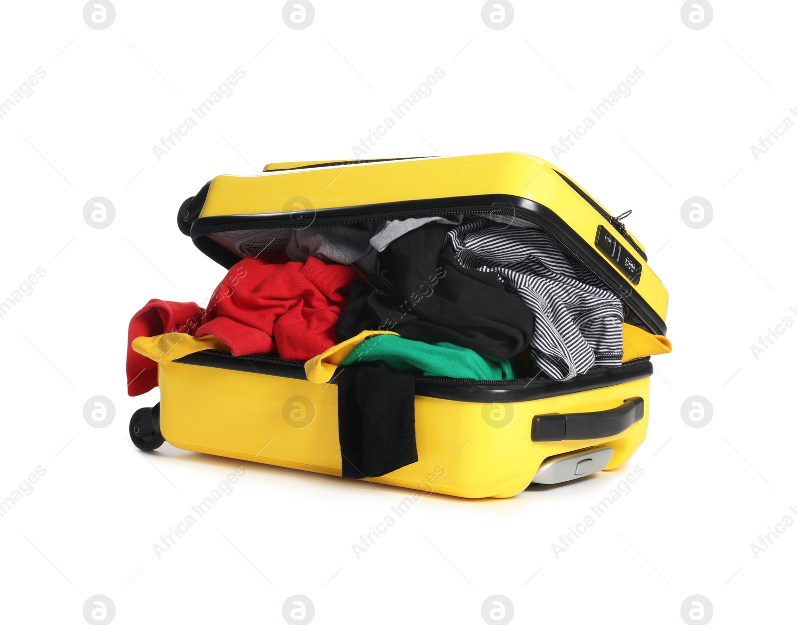 Photo of Packed suitcase full of clothes isolated on white