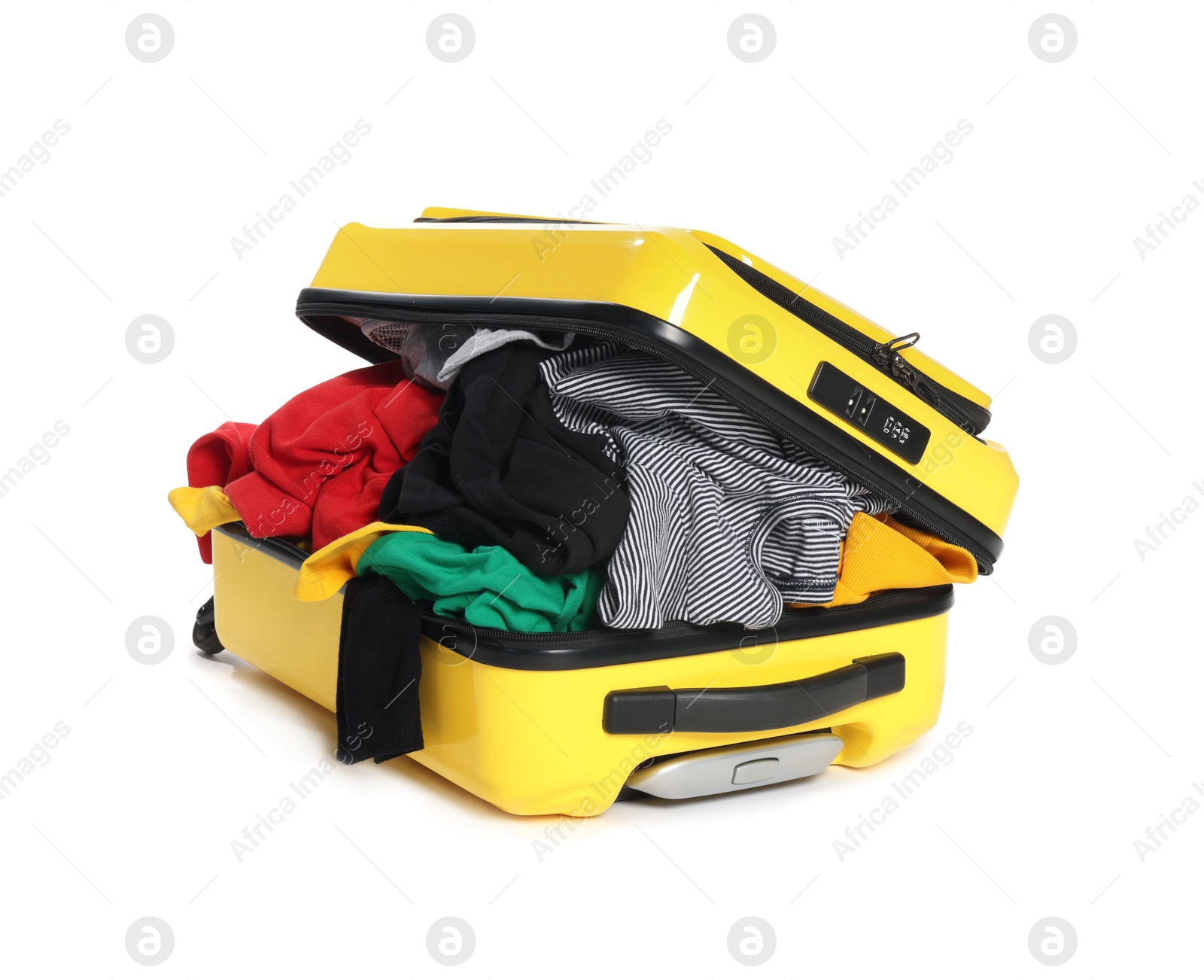 Photo of Packed suitcase full of clothes isolated on white