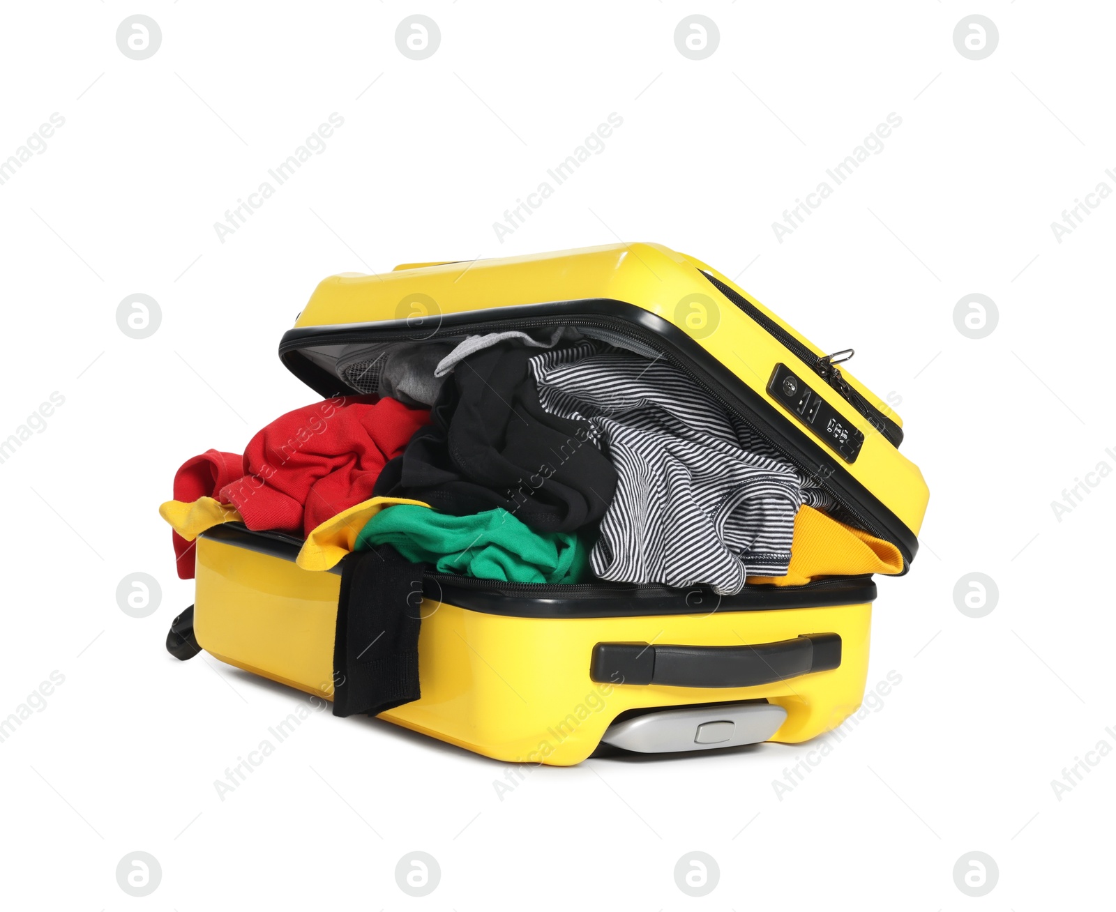 Photo of Packed suitcase full of clothes isolated on white