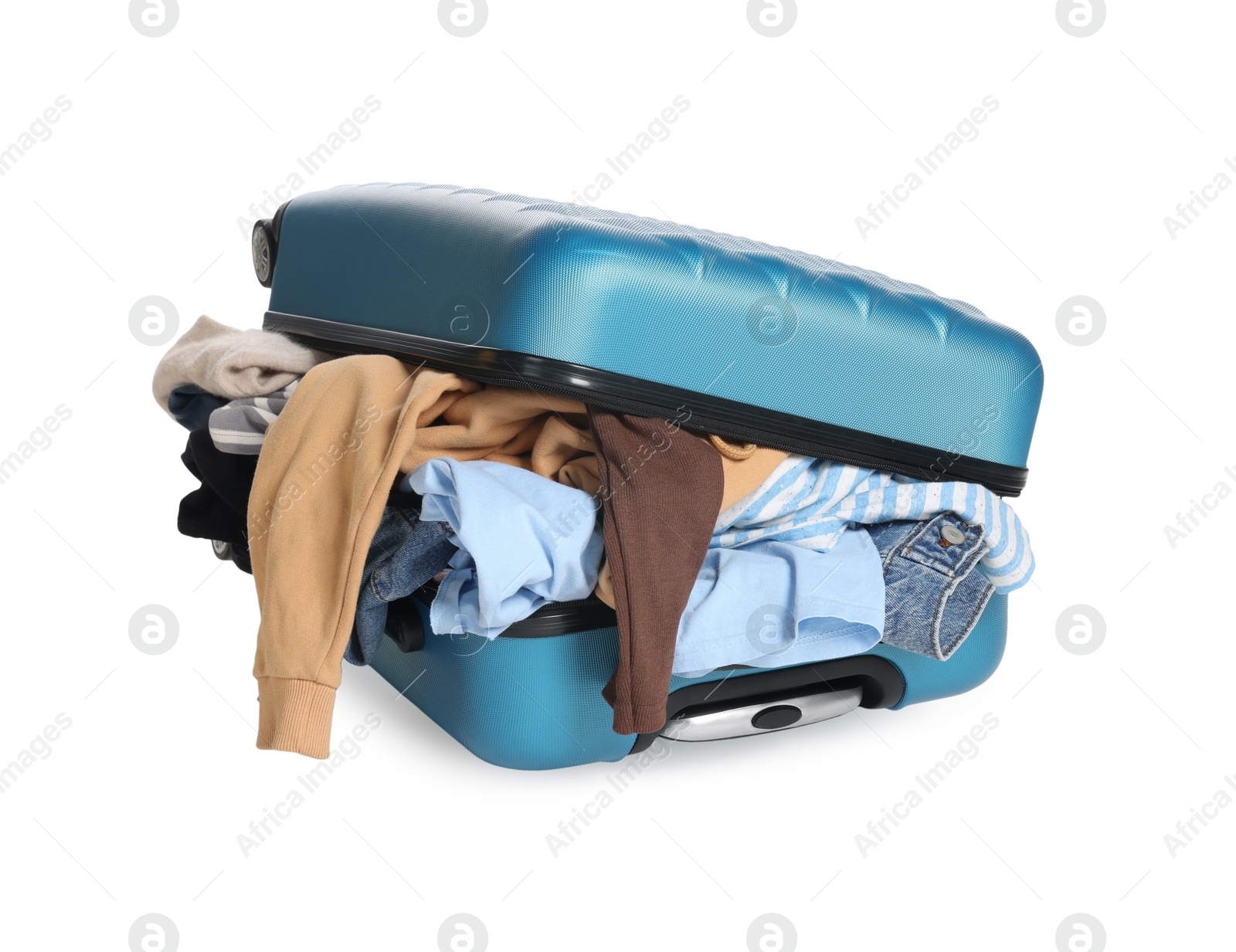 Photo of Packed suitcase full of clothes isolated on white