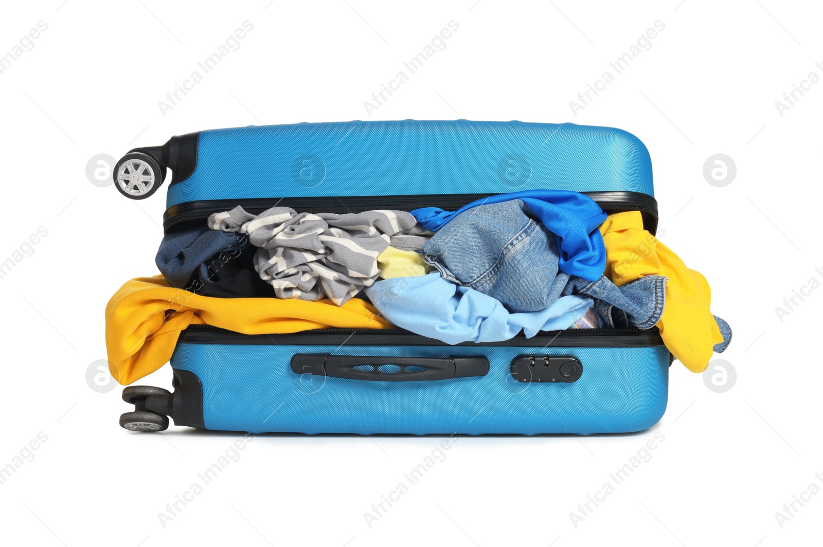 Photo of Packed suitcase full of clothes isolated on white