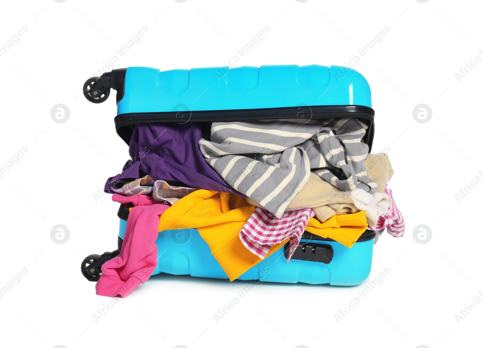 Photo of Packed suitcase full of clothes isolated on white