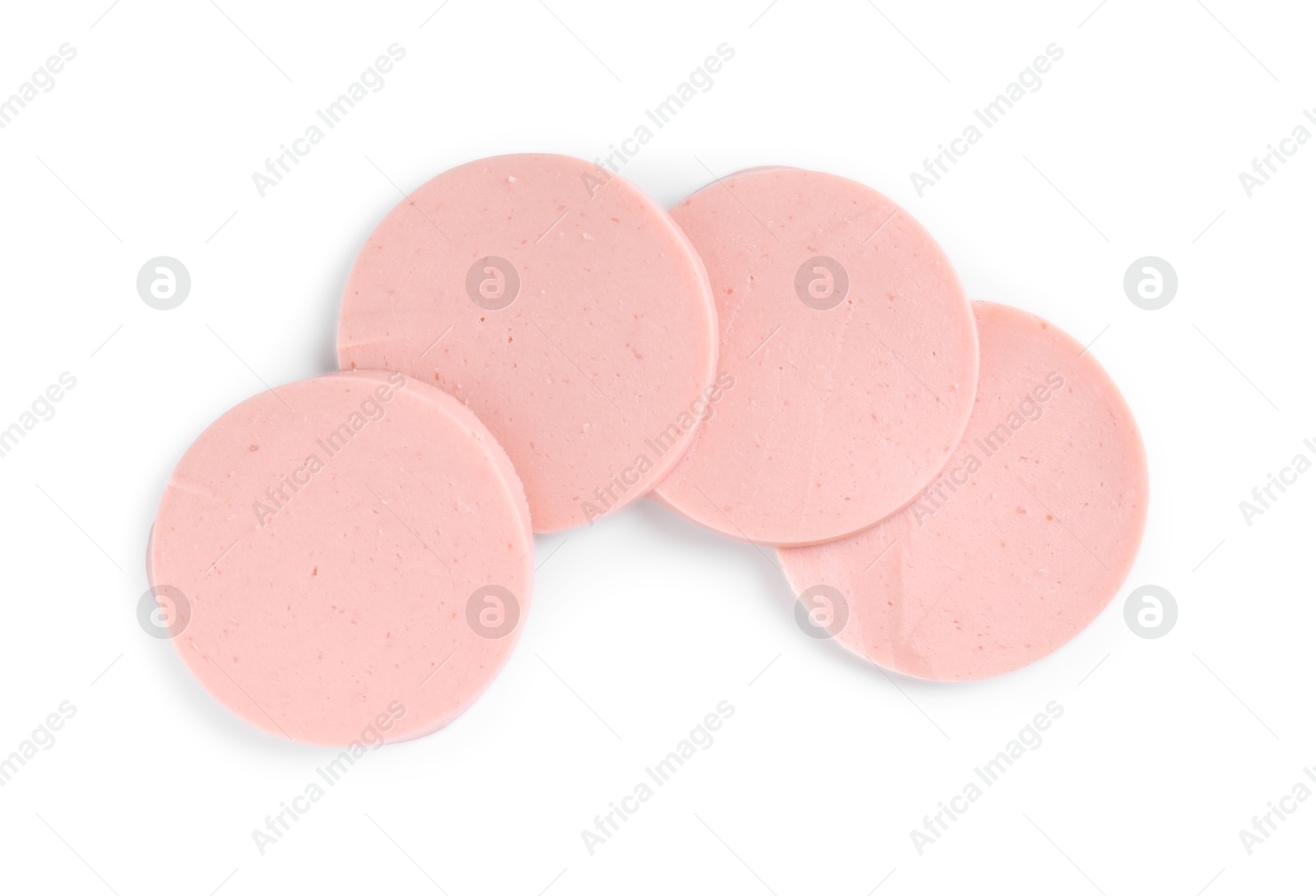 Photo of Slices of tasty boiled sausage isolated on white, top view