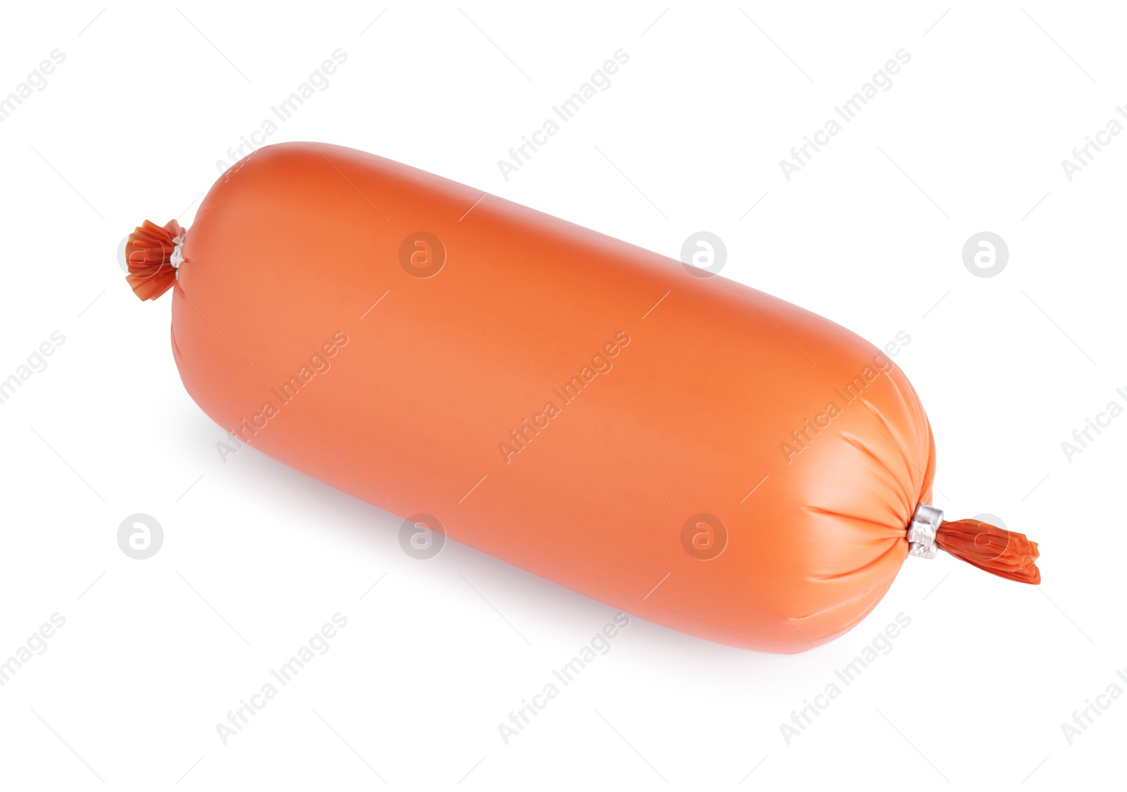 Photo of One tasty boiled sausage isolated on white