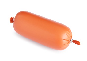 Photo of One tasty boiled sausage isolated on white