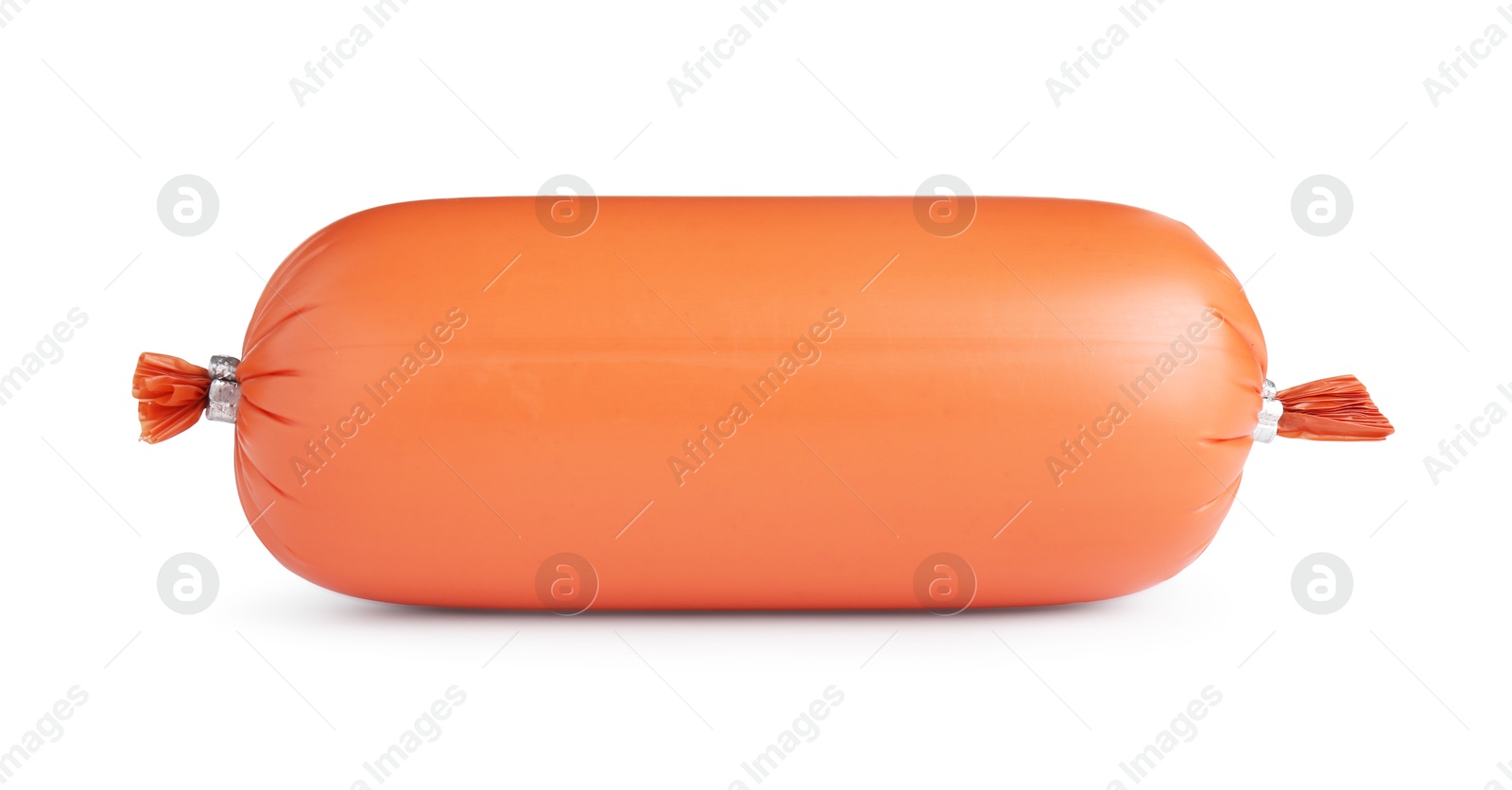 Photo of One tasty boiled sausage isolated on white