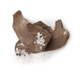 Photo of Pieces of chocolate with salt isolated on white