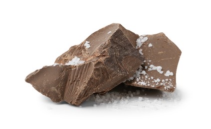 Photo of Pieces of chocolate with salt isolated on white