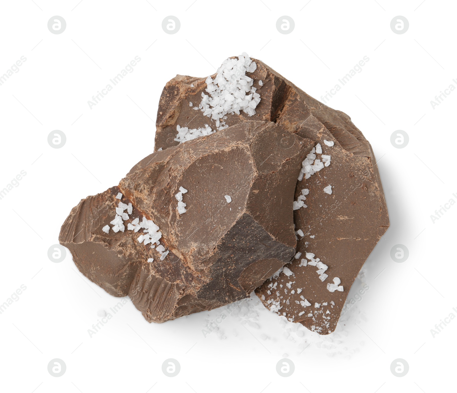 Photo of Pieces of chocolate with salt isolated on white, top view