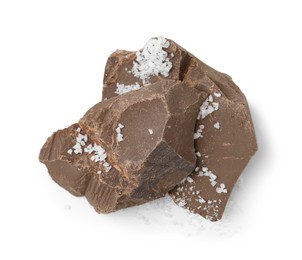 Photo of Pieces of chocolate with salt isolated on white, top view