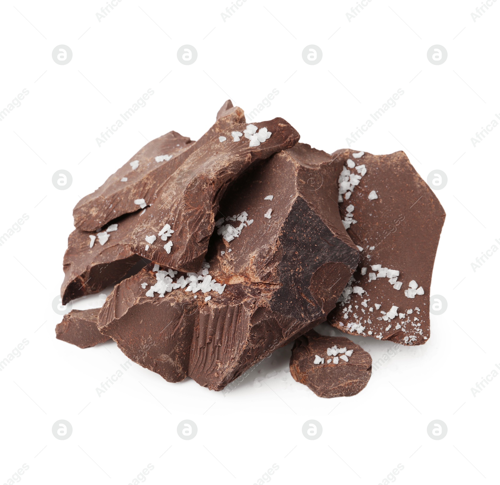 Photo of Pieces of chocolate with salt isolated on white