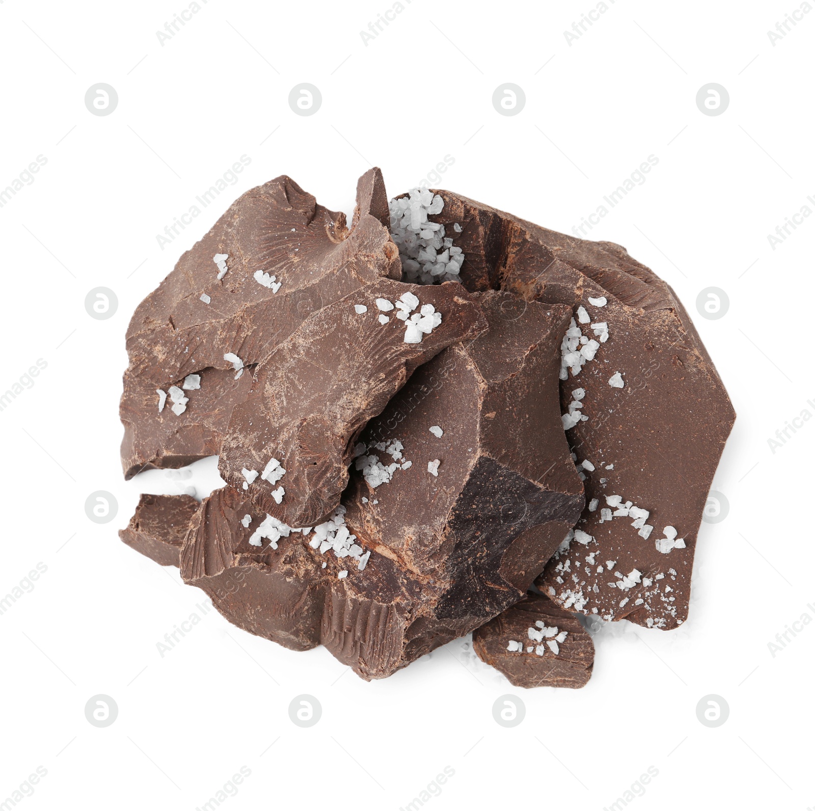 Photo of Pieces of chocolate with salt isolated on white, top view