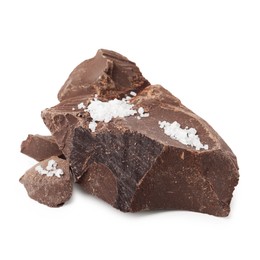 Photo of Pieces of chocolate with salt isolated on white