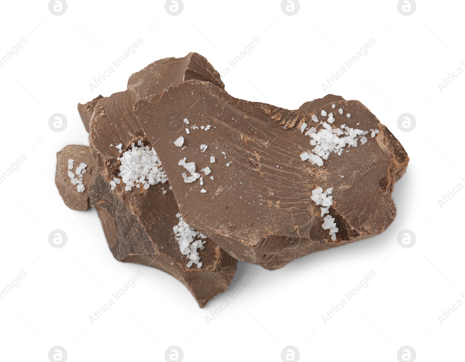 Photo of Pieces of chocolate with salt isolated on white, top view