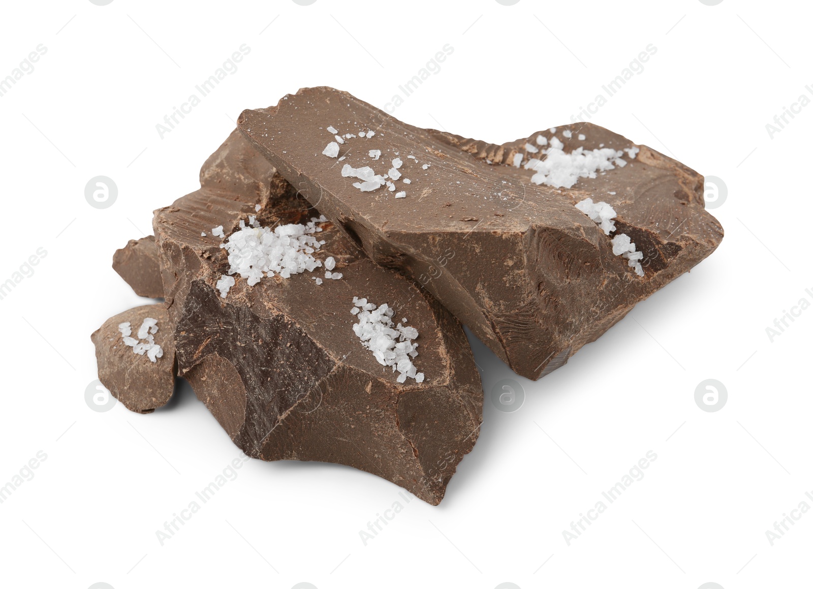 Photo of Pieces of chocolate with salt isolated on white