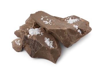 Photo of Pieces of chocolate with salt isolated on white