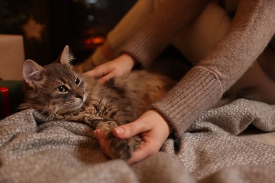 Woman and cute fluffy cat at home, closeup