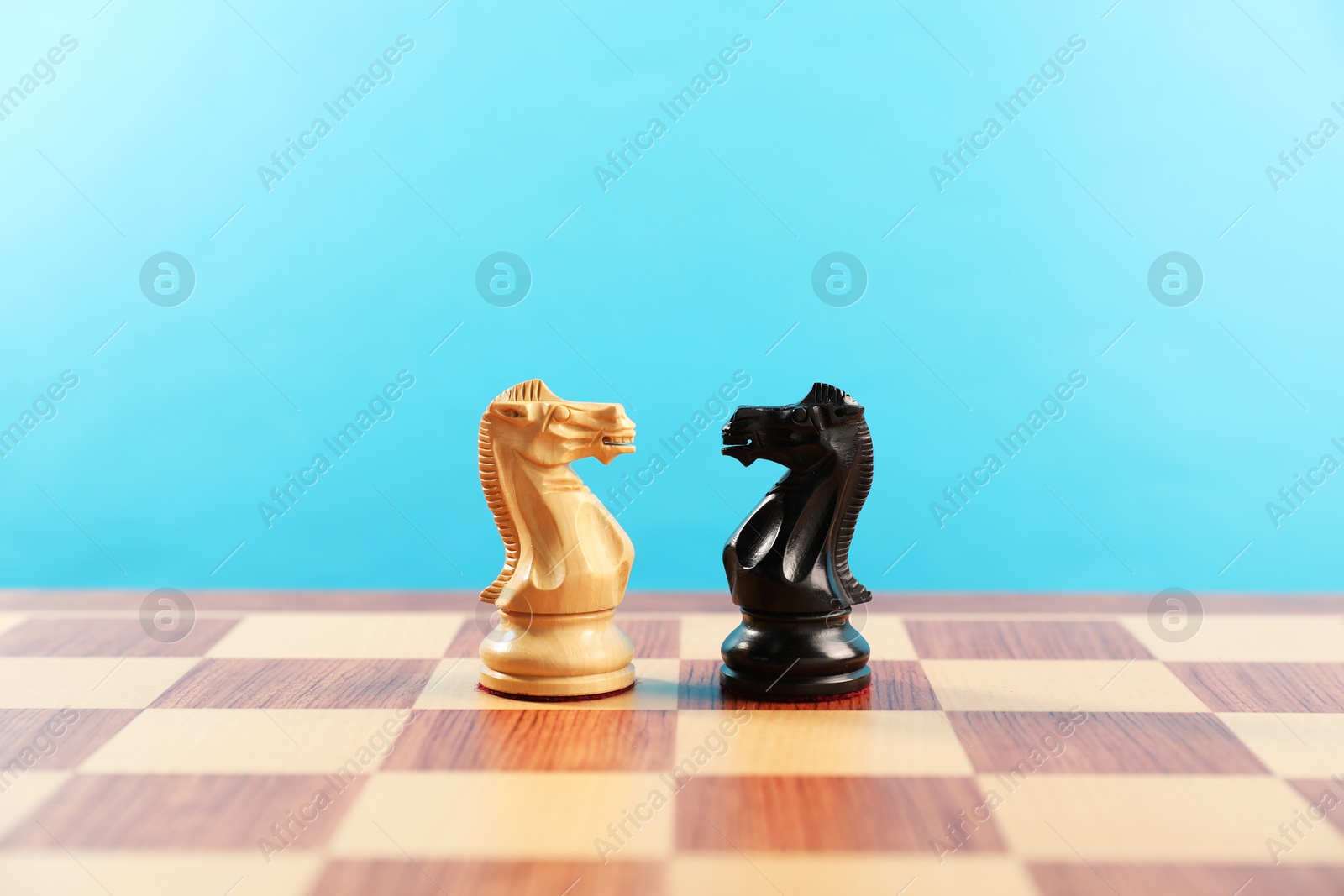 Photo of Black and white chess knights in middle of chessboard. Competition concept