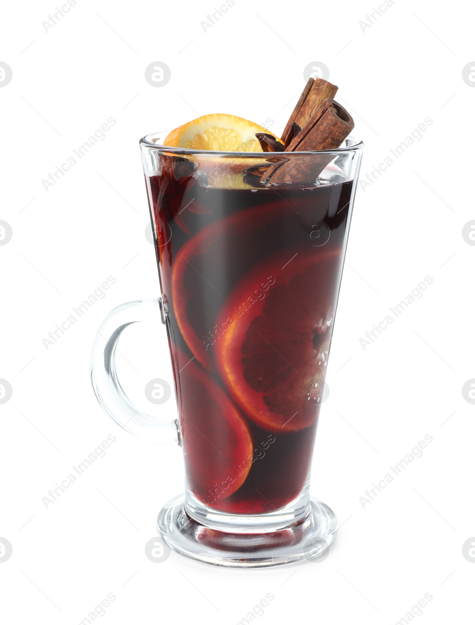 Photo of Tasty mulled wine with orange and spices isolated on white. Christmas drink