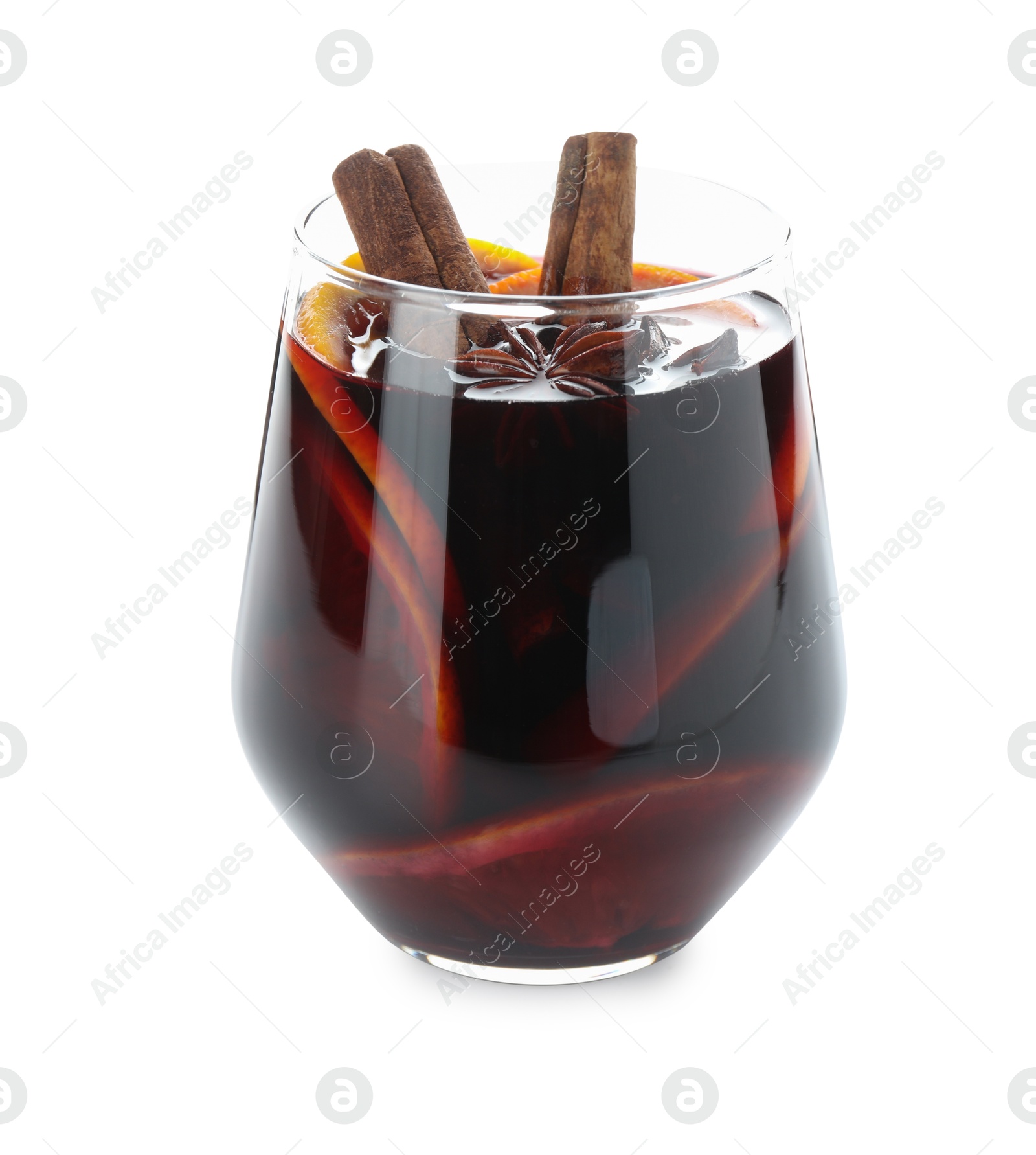 Photo of Tasty mulled wine with orange and spices isolated on white