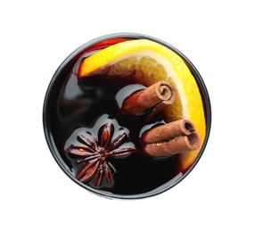 Photo of Tasty mulled wine with orange and spices isolated on white, top view