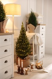 Photo of Small spruce trees with Christmas lights and other decor indoors