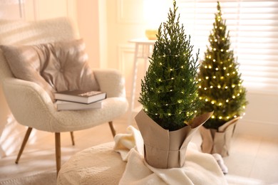 Photo of Small spruce trees decorated with Christmas lights indoors