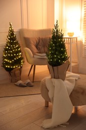 Photo of Small spruce trees decorated with Christmas lights indoors