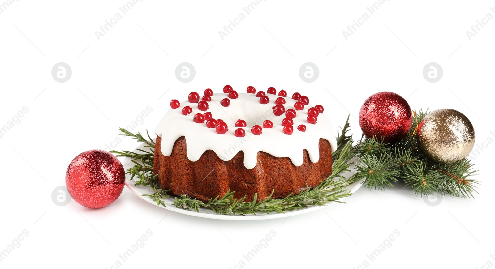 Photo of Beautifully decorated Christmas cake, fir branches and baubles on white background