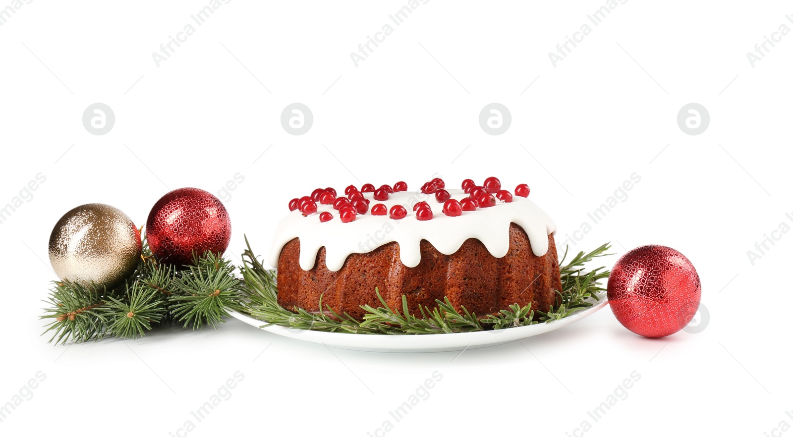 Photo of Beautifully decorated Christmas cake, fir branches and baubles on white background