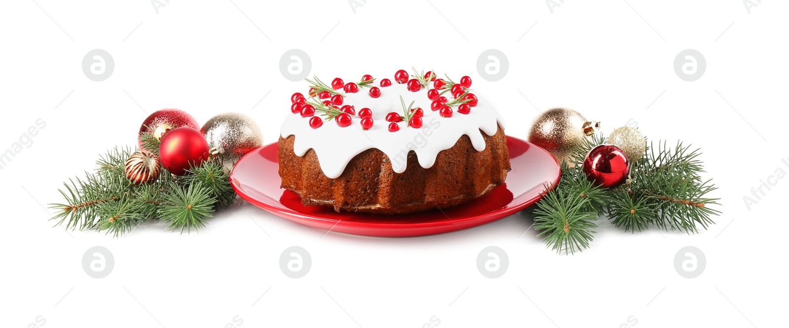 Photo of Beautifully decorated Christmas cake, fir branches and baubles on white background