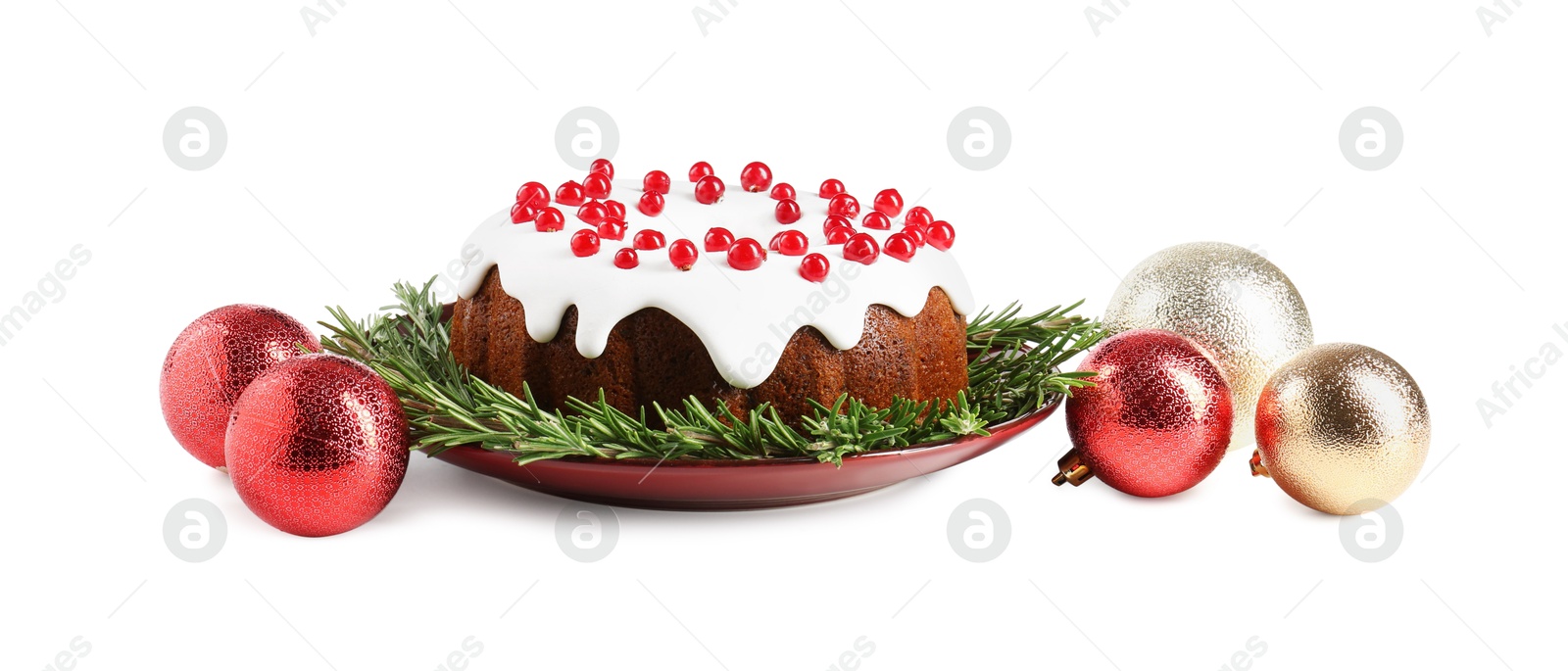 Photo of Beautifully decorated Christmas cake and baubles on white background