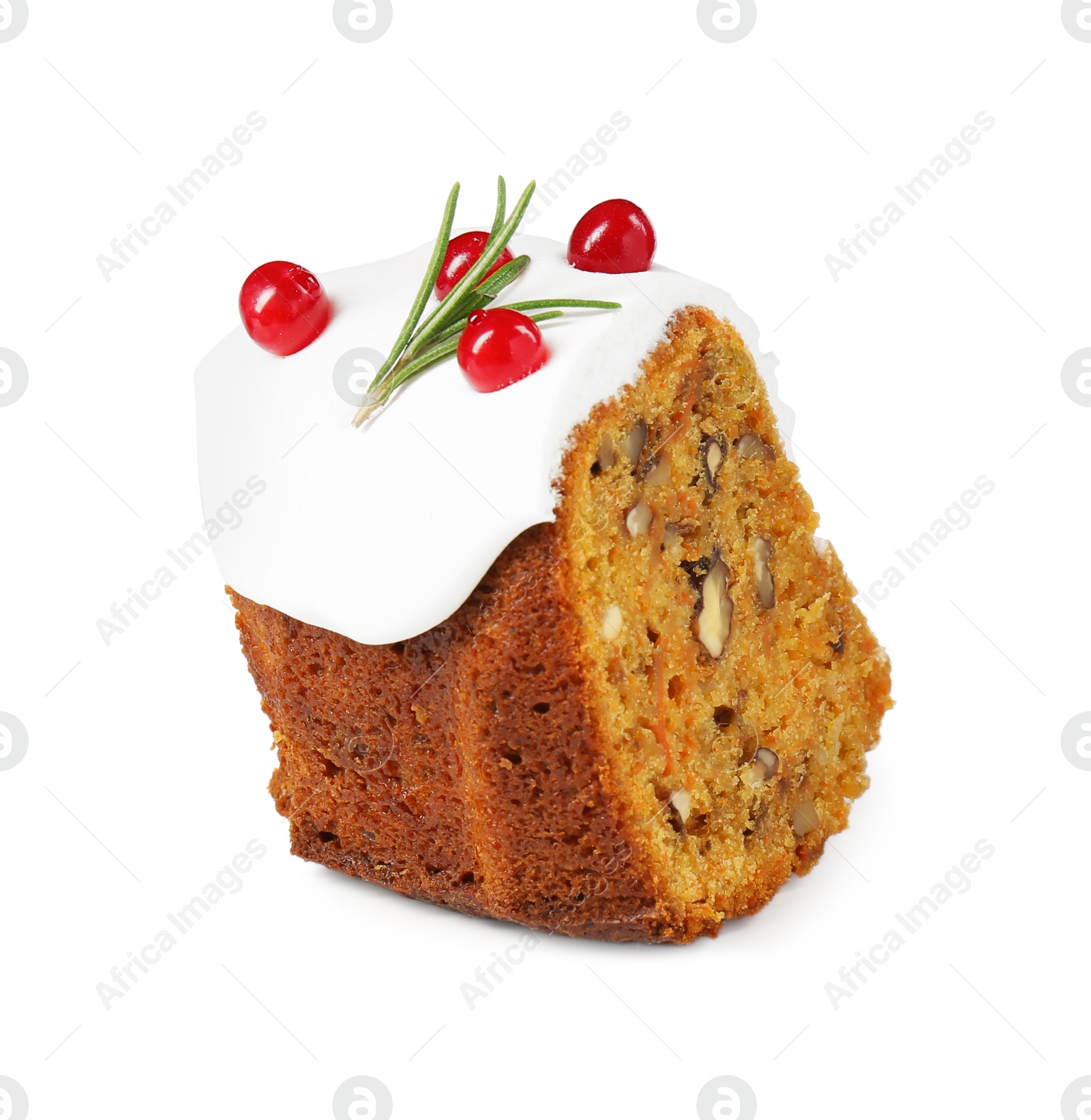 Photo of Piece of traditional Christmas cake decorated with red currants and rosemary isolated on white