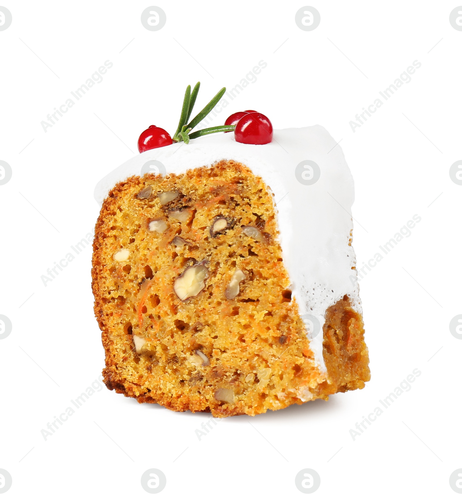 Photo of Piece of traditional Christmas cake decorated with red currants and rosemary isolated on white