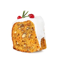 Photo of Piece of traditional Christmas cake decorated with red currants and rosemary isolated on white