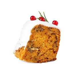 Photo of Piece of traditional Christmas cake decorated with red currants and rosemary isolated on white