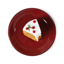 Photo of Piece of traditional Christmas cake decorated with red currants and rosemary isolated on white, top view