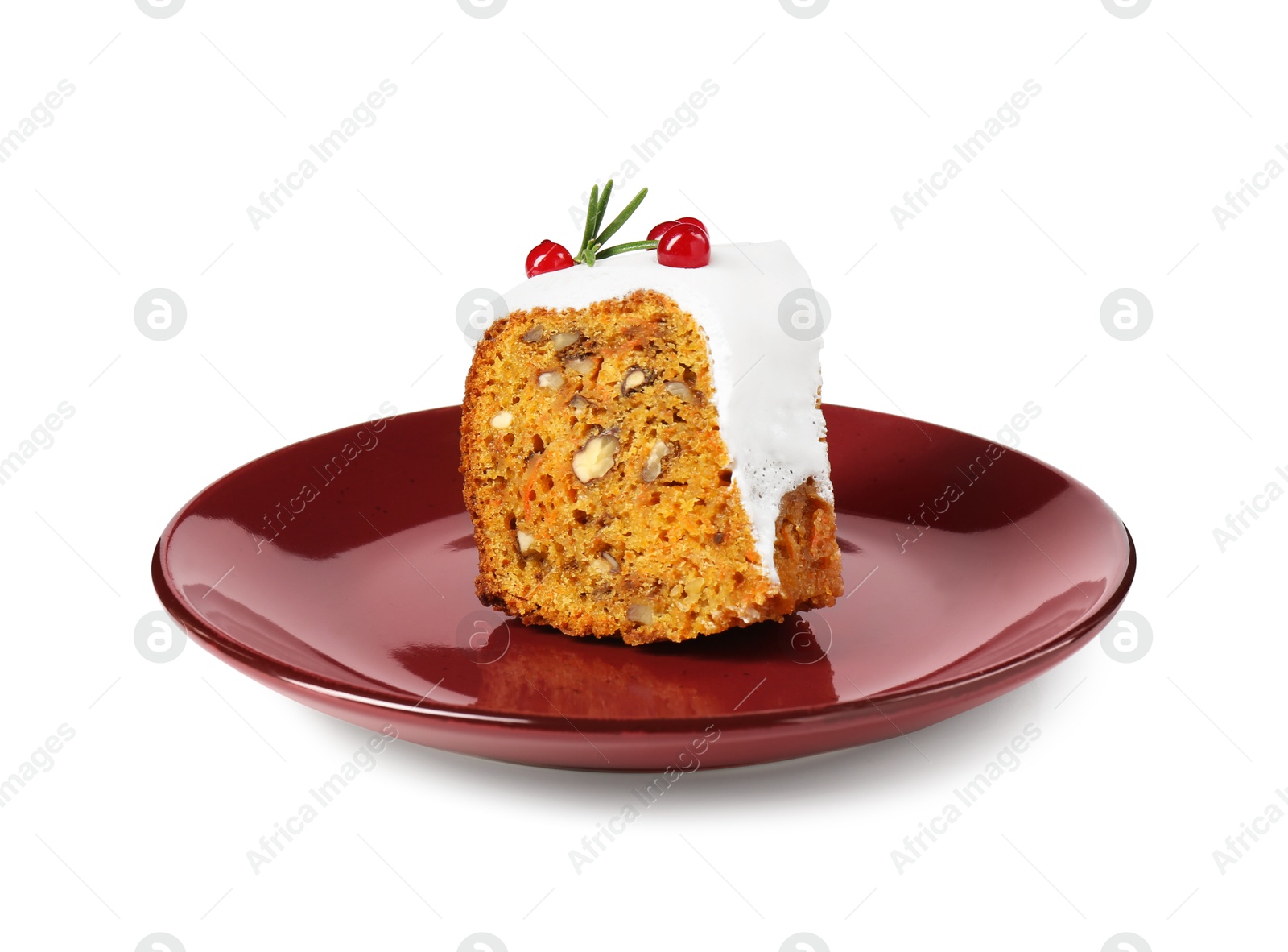 Photo of Piece of traditional Christmas cake decorated with red currants and rosemary isolated on white