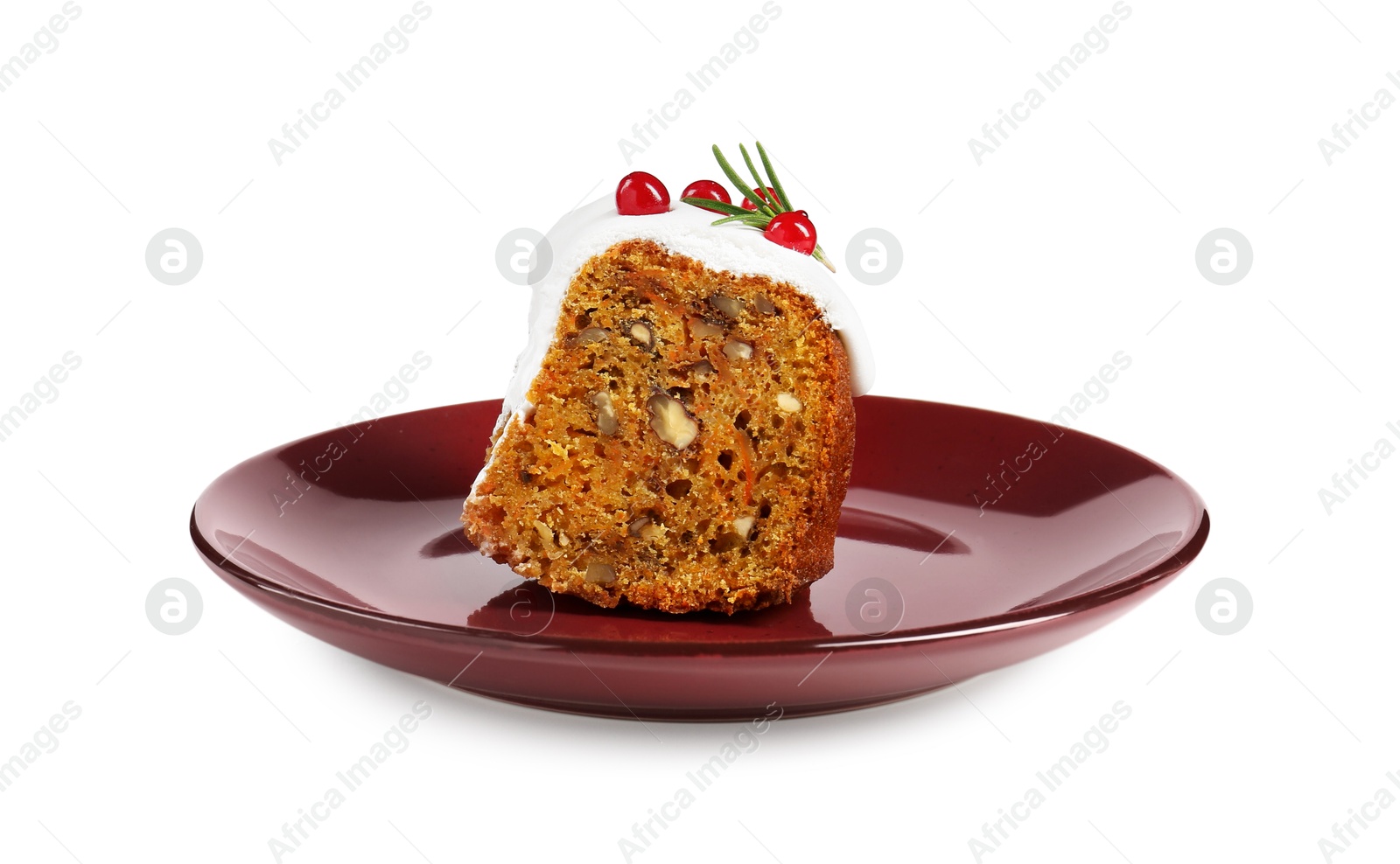 Photo of Piece of traditional Christmas cake decorated with red currants and rosemary isolated on white