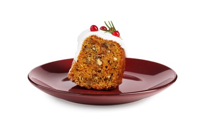 Photo of Piece of traditional Christmas cake decorated with red currants and rosemary isolated on white