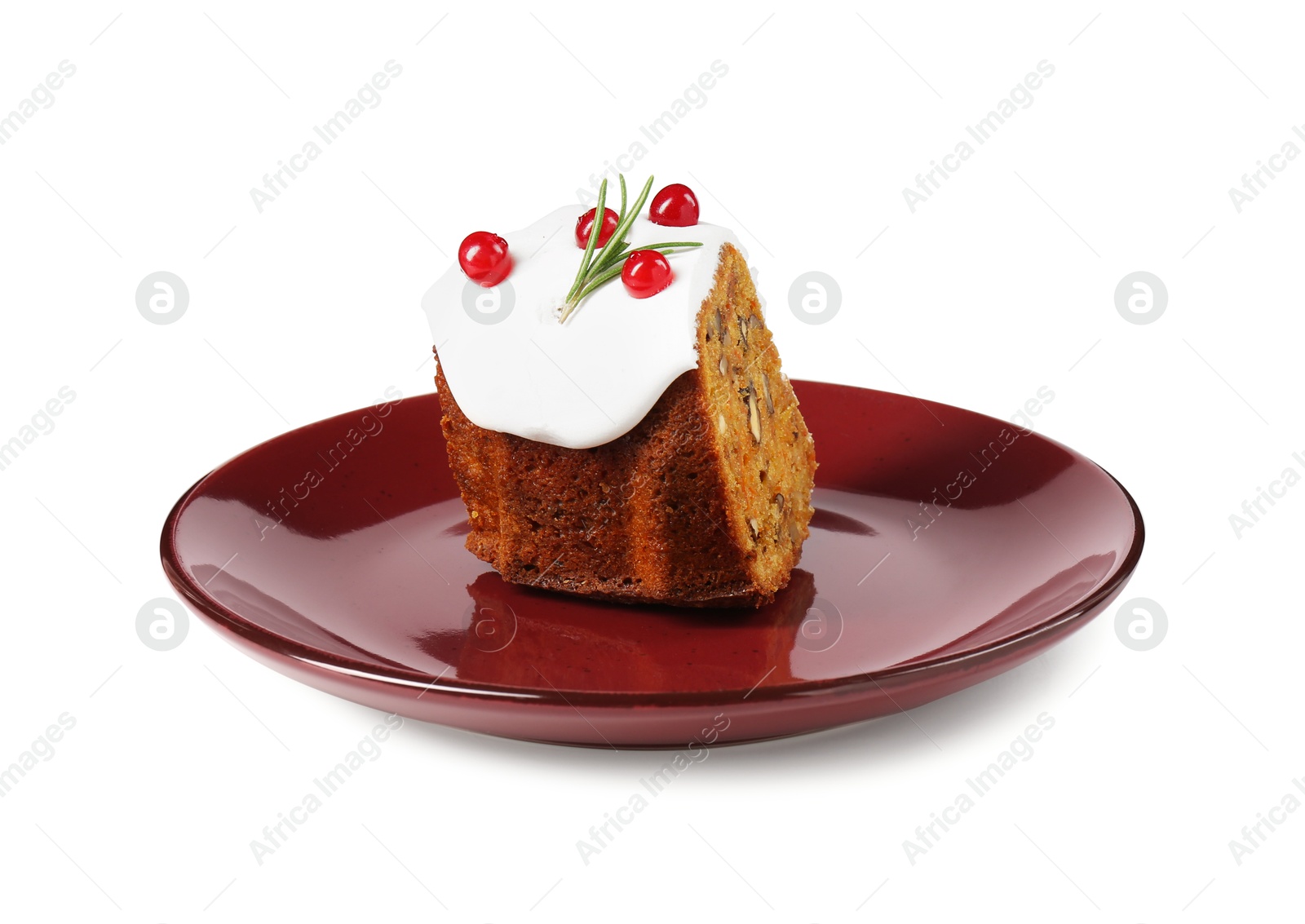 Photo of Piece of traditional Christmas cake decorated with red currants and rosemary isolated on white