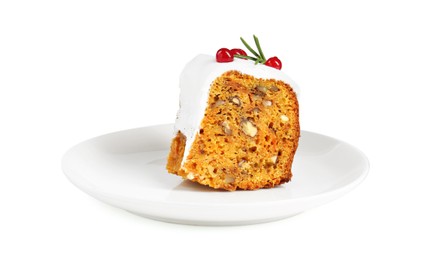 Photo of Piece of traditional Christmas cake decorated with red currants and rosemary isolated on white