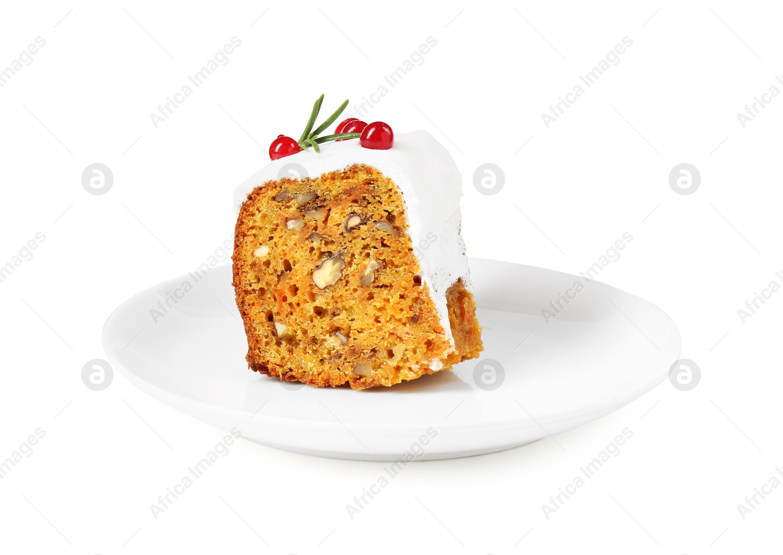 Photo of Piece of traditional Christmas cake decorated with red currants and rosemary isolated on white