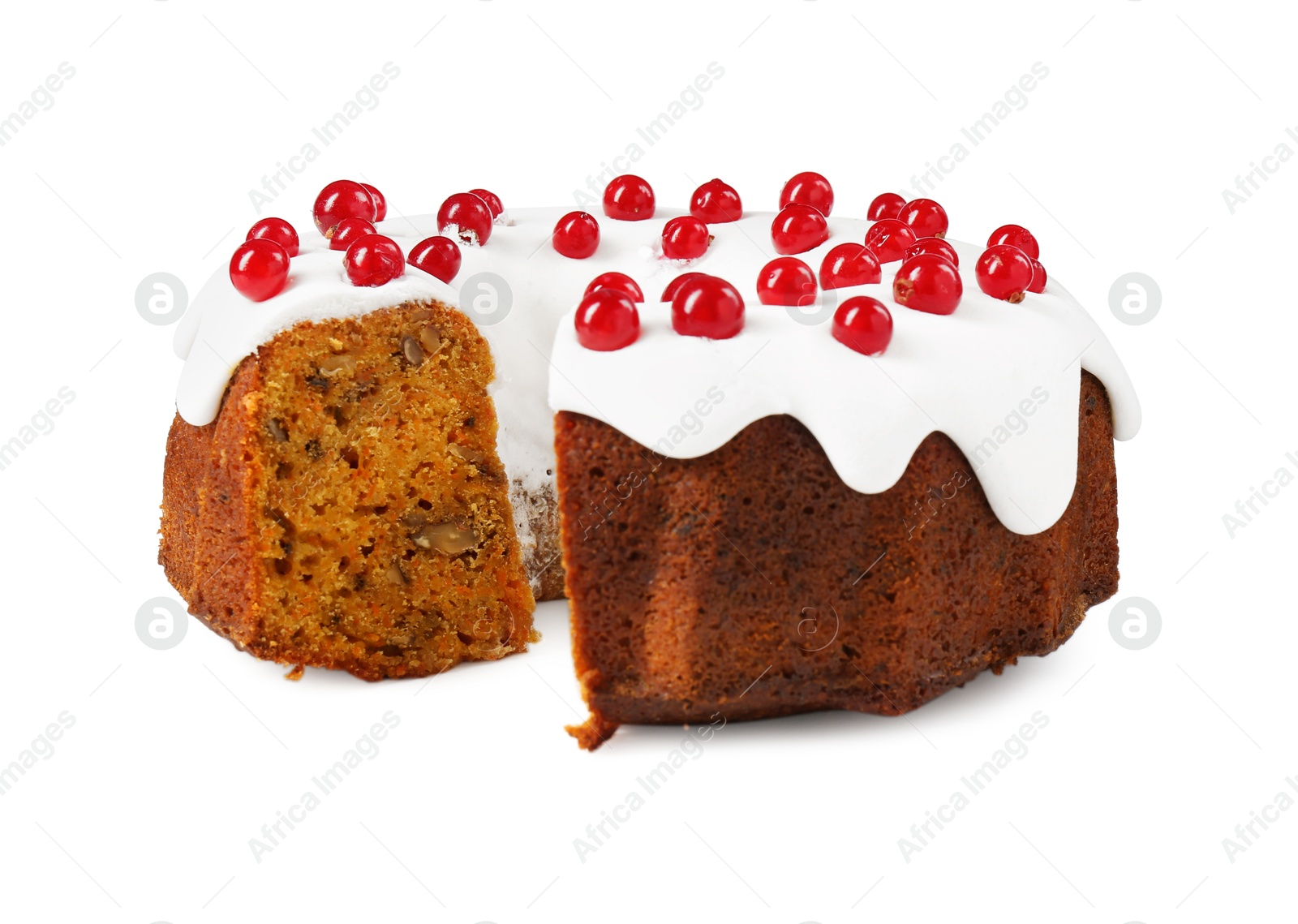 Photo of Traditional Christmas cake decorated with red currants isolated on white