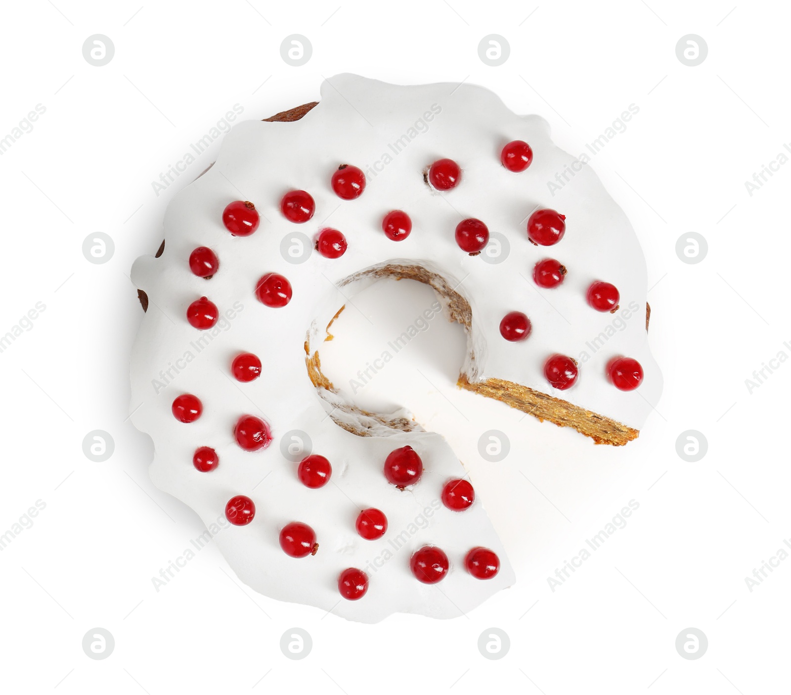 Photo of Traditional Christmas cake decorated with red currants isolated on white, top view