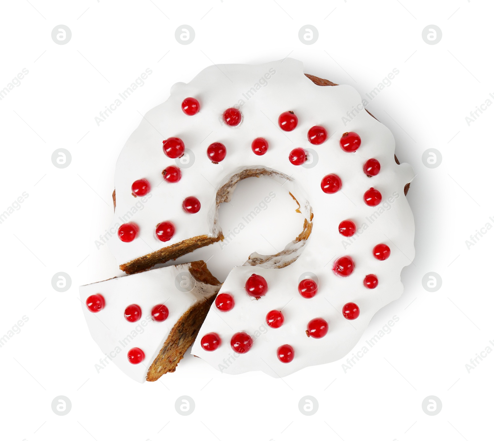 Photo of Traditional Christmas cake decorated with red currants isolated on white, top view